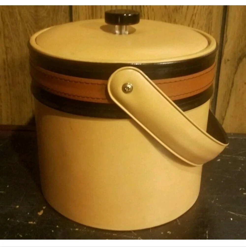 Vintage 1970s Tan and Black Ice Bucket 7 Inches Tall Vinyl Some Scratches